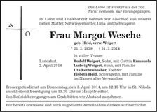 Traueranzeige Margot Wesche