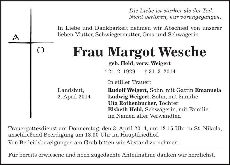 Traueranzeige Margot Wesche
