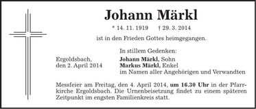 Traueranzeige Johann Märkl