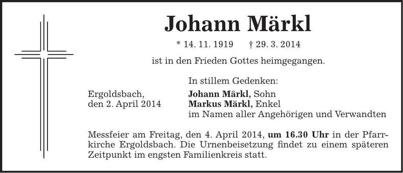Traueranzeige Johann Märkl