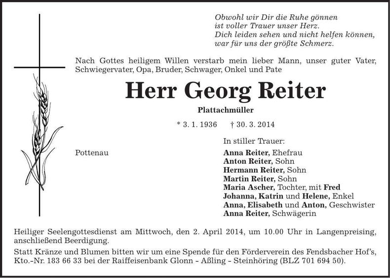 Traueranzeige Georg Reiter