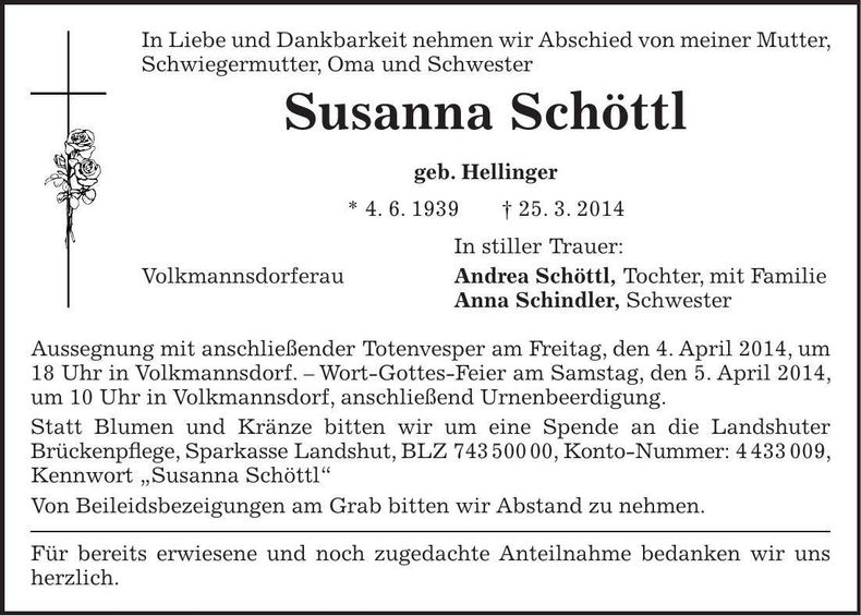 Traueranzeige Susanna Schöttl