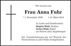 Traueranzeige Anna Fuhr