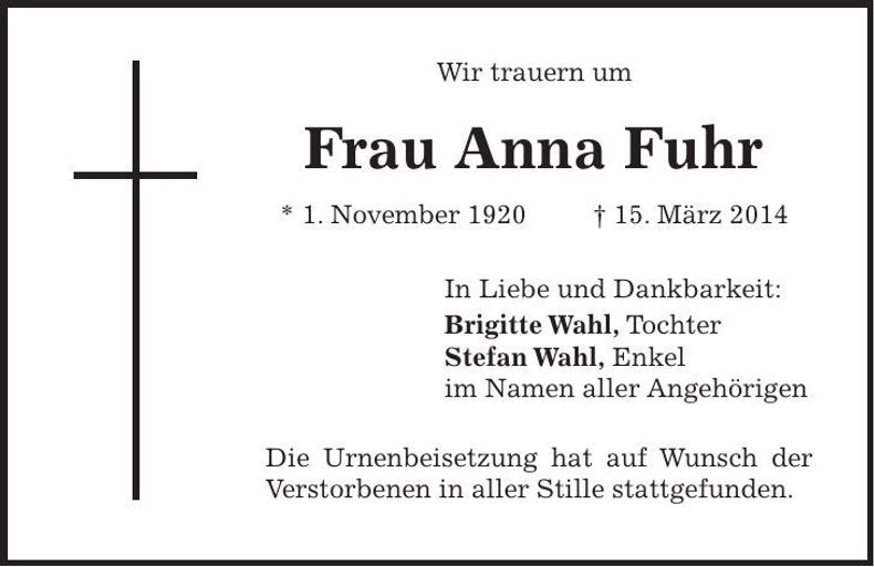 Traueranzeige Anna Fuhr