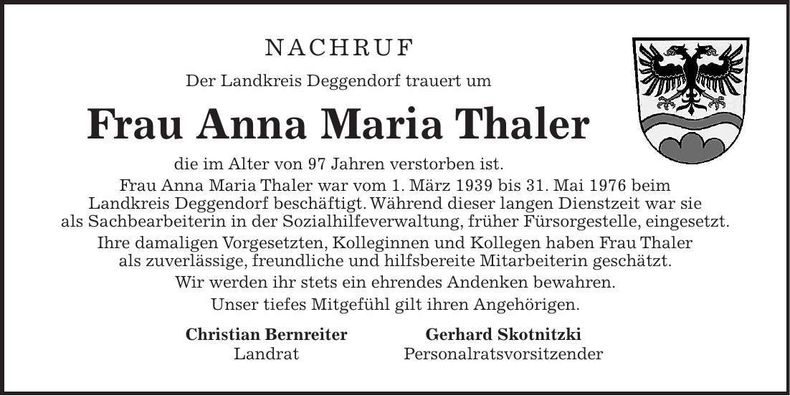Traueranzeige Anna Maria Thaler