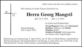 Traueranzeige Georg Mangstl