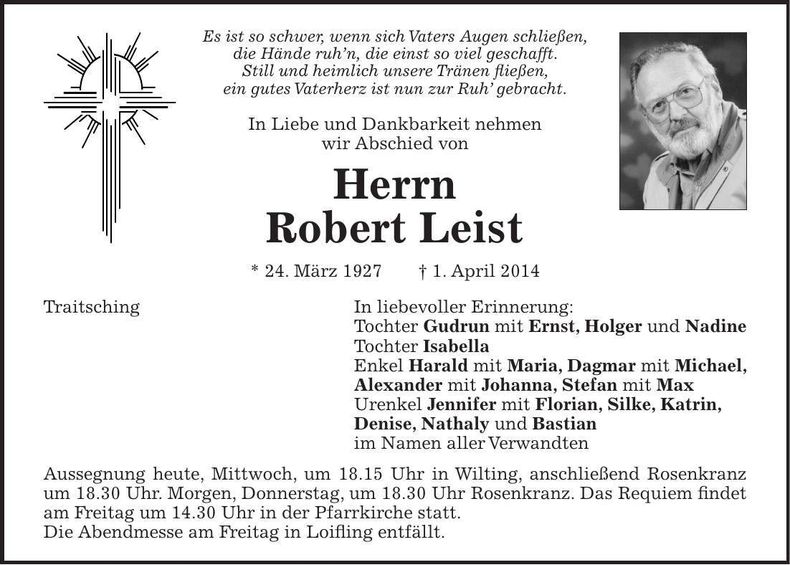 Traueranzeige Robert Leist