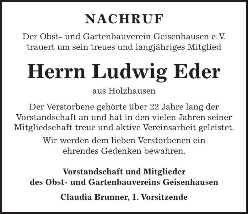 Traueranzeige Ludwig Eder