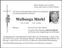 Traueranzeige Walburga Märkl