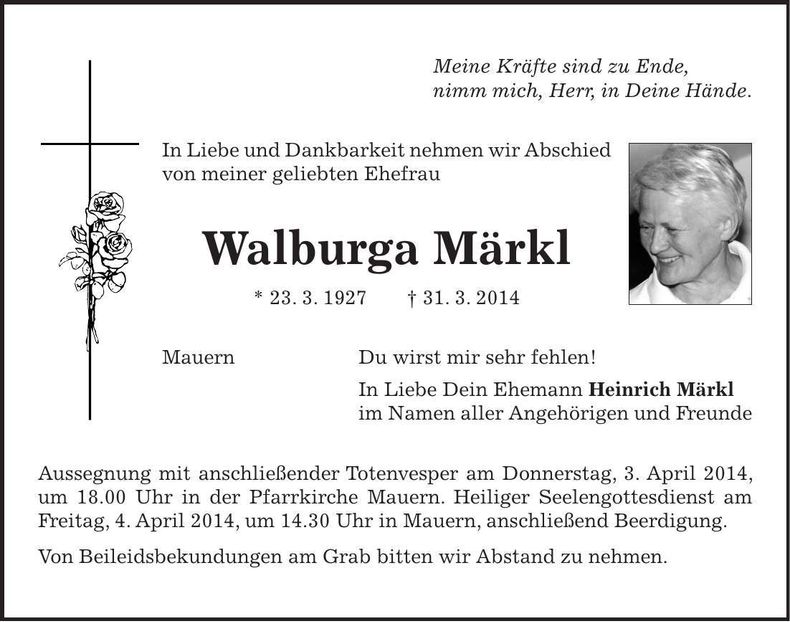 Traueranzeige Walburga Märkl