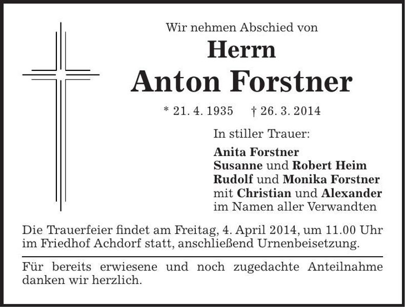 Traueranzeige Anton Forstner