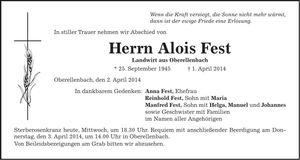 Traueranzeige Alois Fest