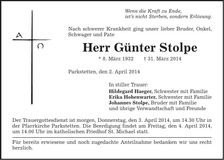 Traueranzeige Günter Stolpe