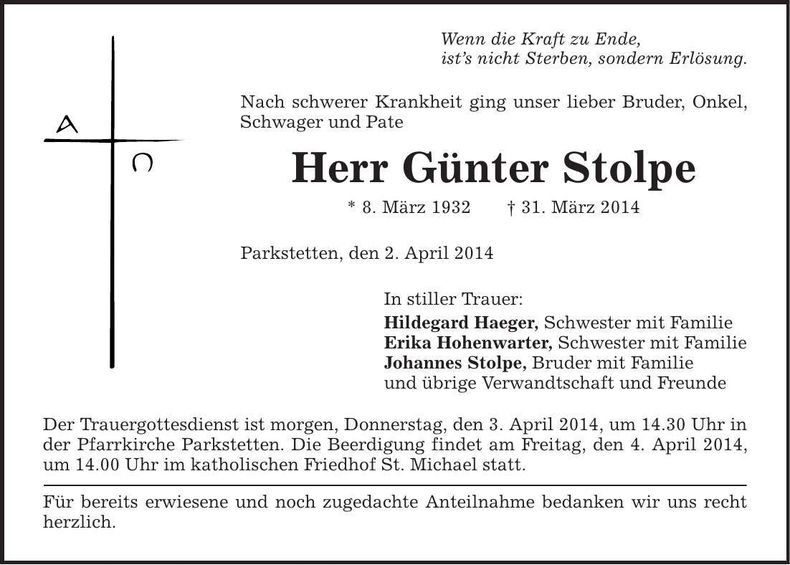Traueranzeige Günter Stolpe