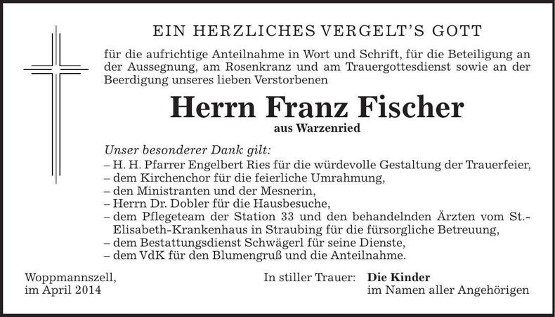 Traueranzeige Franz Fischer