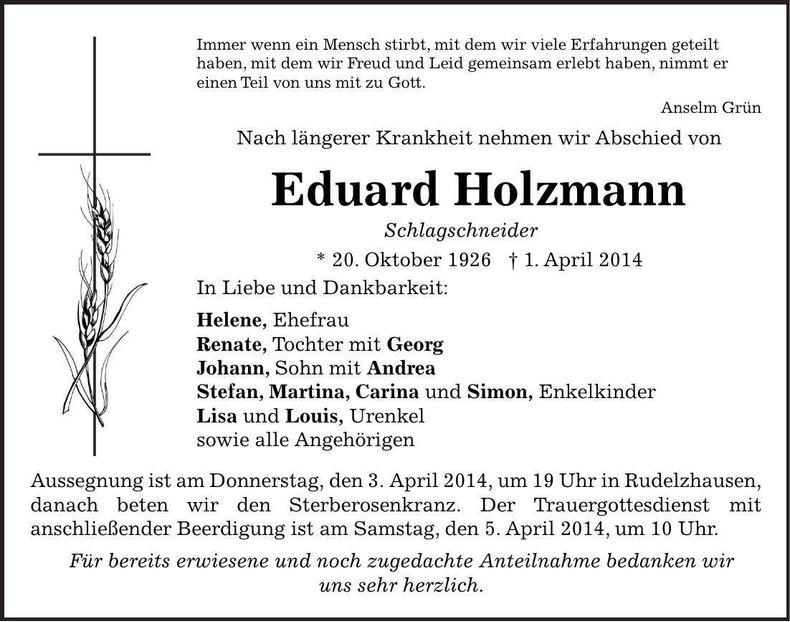 Traueranzeige Eduard Holzmann