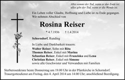 Traueranzeige Rosina Reiser