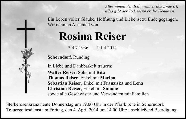 Traueranzeige Rosina Reiser