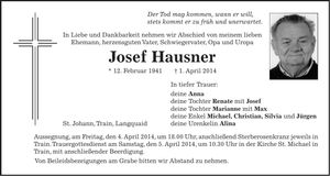 Traueranzeige Josef Hausner