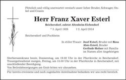 Traueranzeige Franz Xaver Esterl