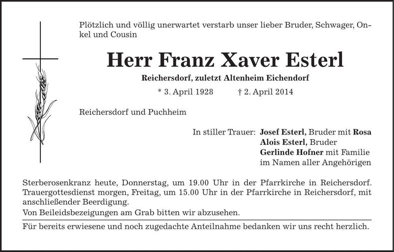 Traueranzeige Franz Xaver Esterl