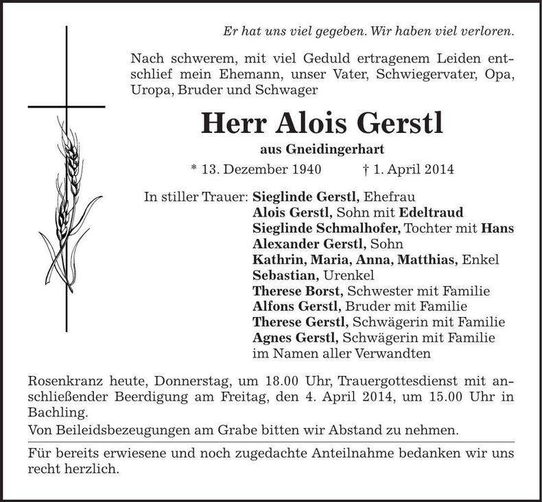 Traueranzeige Alois Gerstl
