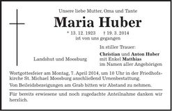 Traueranzeige Maria Huber
