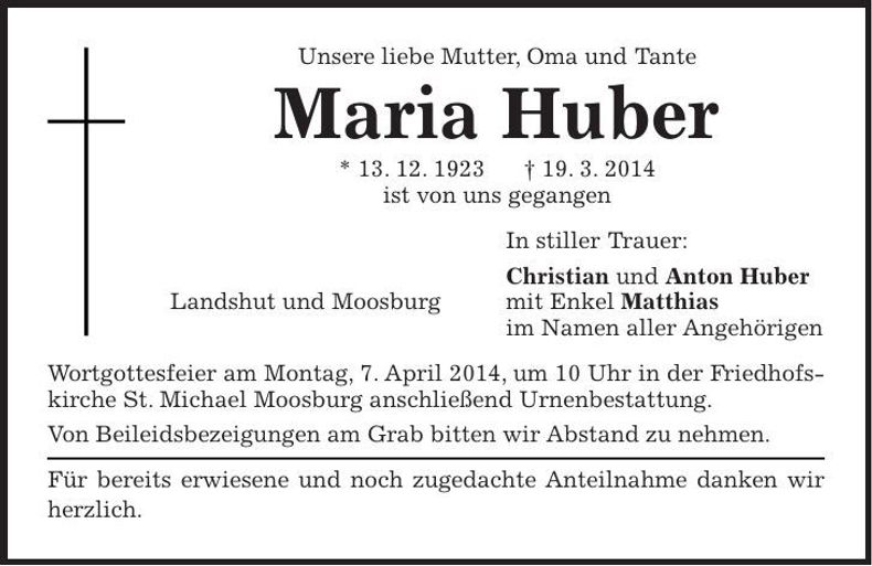 Traueranzeige Maria Huber