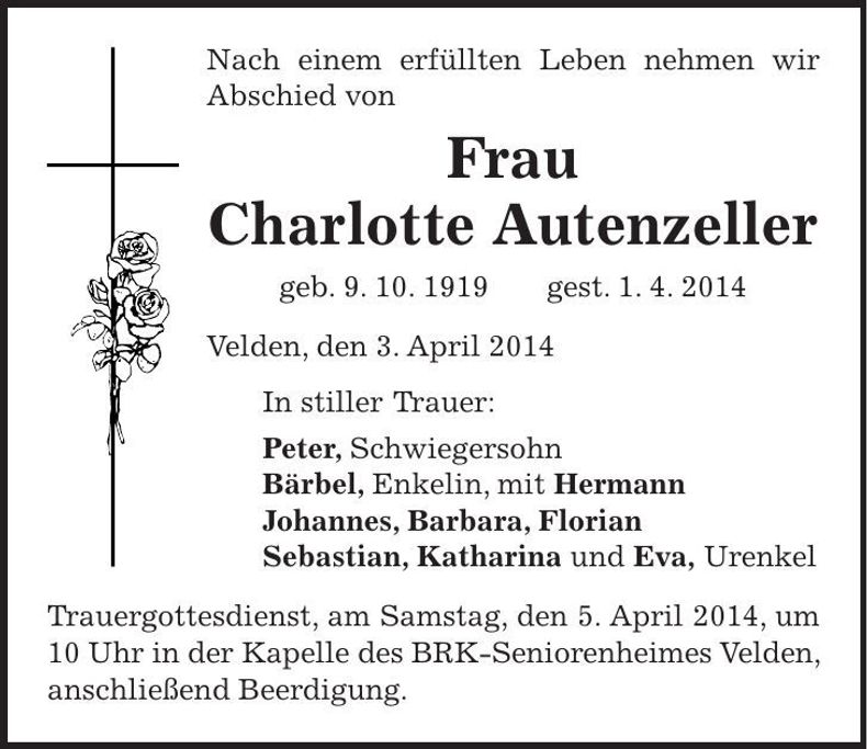 Traueranzeige Charlotte Autenzeller
