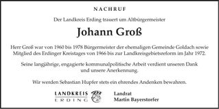 Traueranzeige Johann Groß