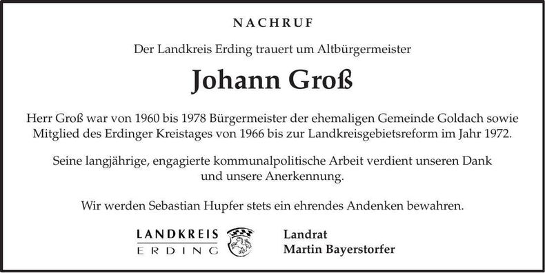 Traueranzeige Johann Groß