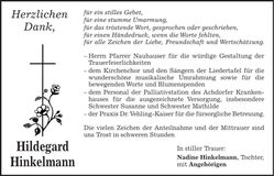 Traueranzeige Hildegard Hinkelmann