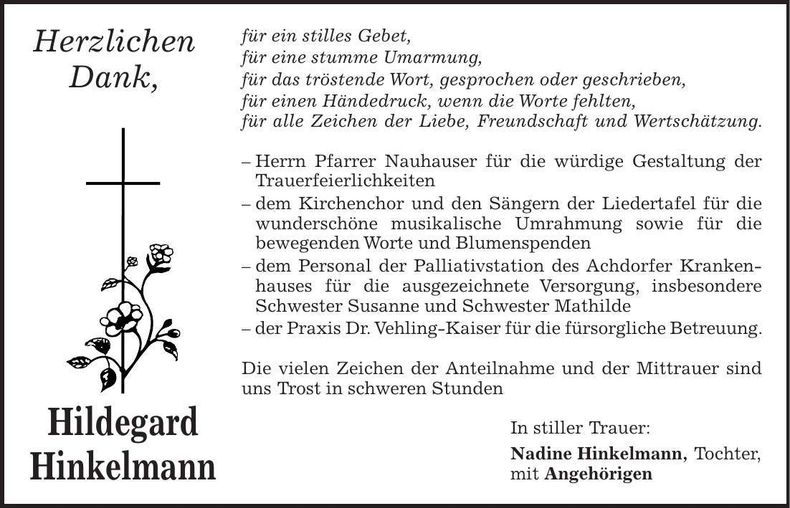 Traueranzeige Hildegard Hinkelmann