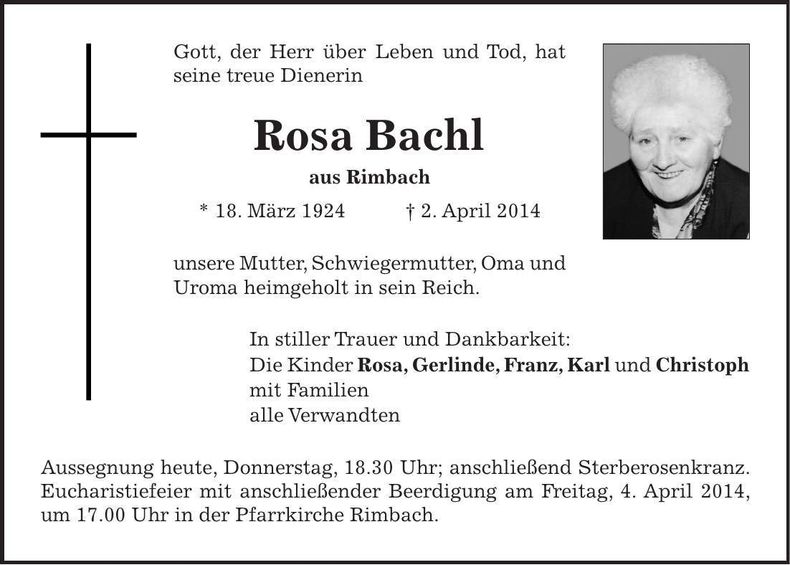 Traueranzeige Rosa Bachl