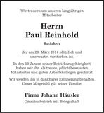 Traueranzeige Paul Reinhold