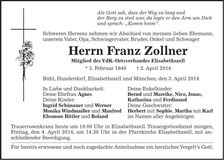 Traueranzeige Franz Zollner