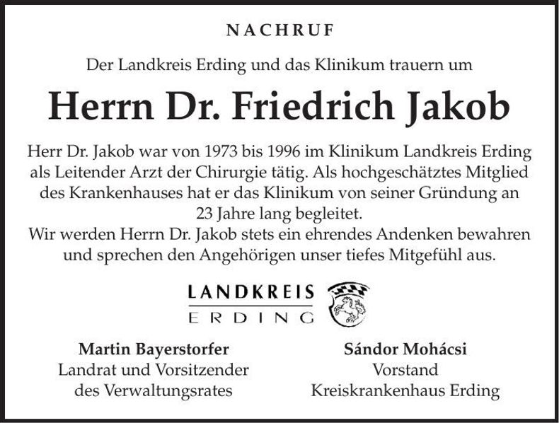 Traueranzeige Friedrich Jakob Dr.