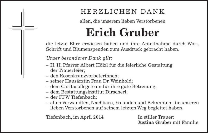 Traueranzeige Erich Gruber