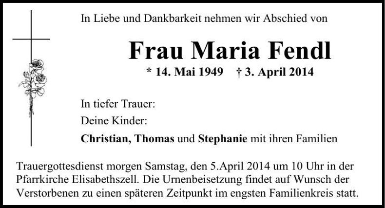 Traueranzeige Maria Fendl