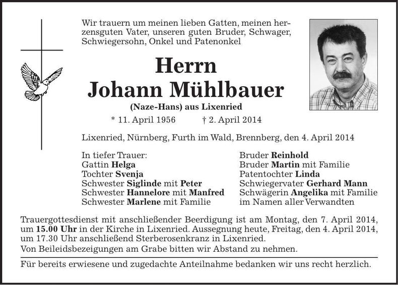 Traueranzeige Johann Mühlbauer