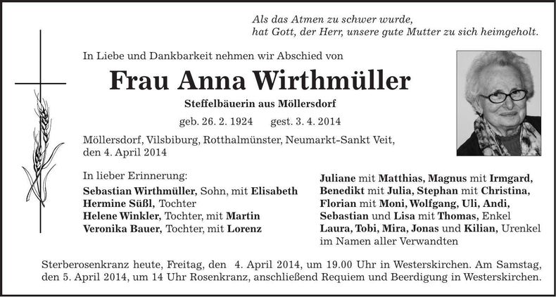 Traueranzeige Anna Wirthmüller