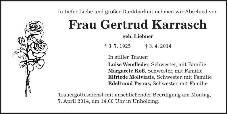 Traueranzeige Gertrud Karrasch