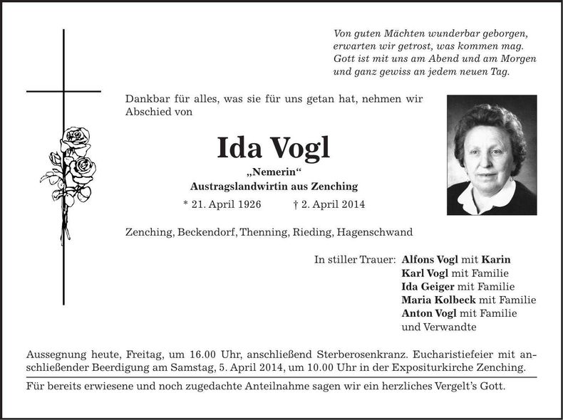 Traueranzeige Ida Vogl
