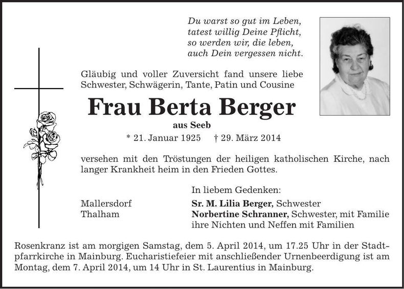 Traueranzeige Berta Berger