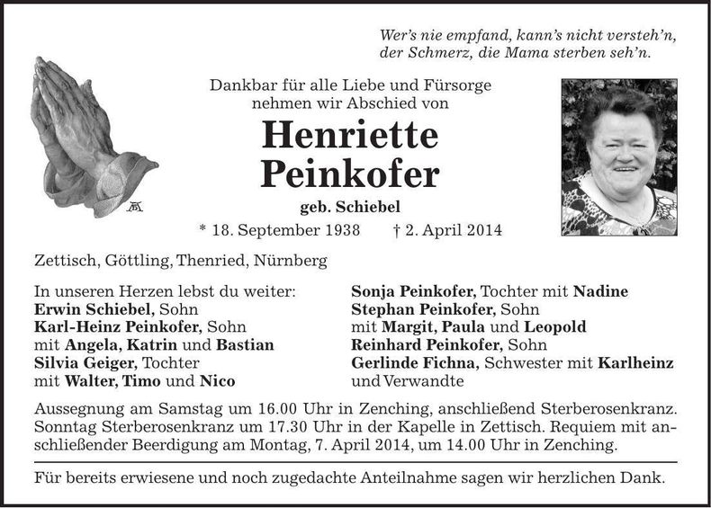 Traueranzeige Henriette Peinkofer
