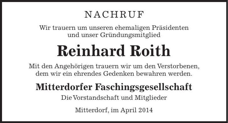 Traueranzeige Reinhard Roith