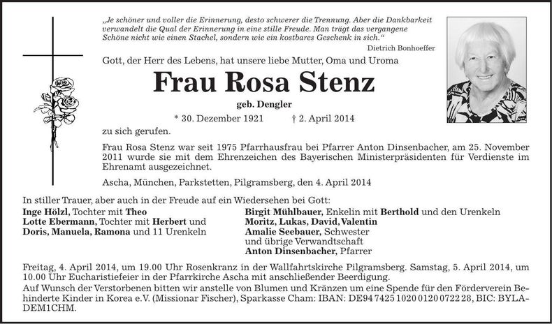 Traueranzeige Rosa Stenz