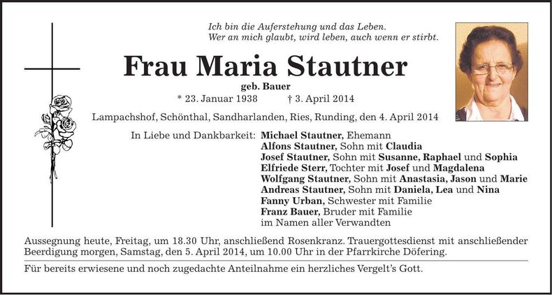 Traueranzeige Maria Stautner