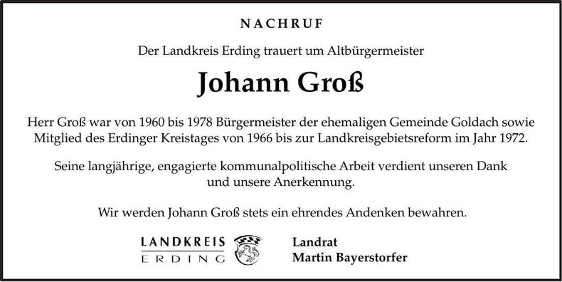 Traueranzeige Johann Groß