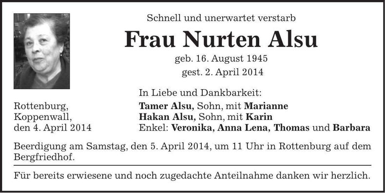 Traueranzeige Nurten Alsu